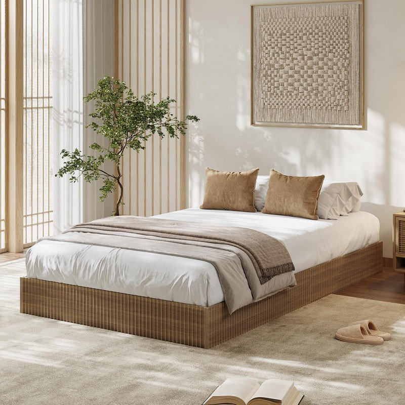 Wood Platform Bed Frame with Fluted Design, Low Profile Minimalist Bed Base, Noise‑Free & No Box Spring, Twin, Brown