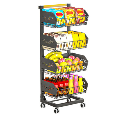 Chariot à collation lourd à 4 niveaux avec roues Organ Organisateurs de plancher de garde-manger amovibles ， Plus large et plus épais amélioré, support de panier à fruits de cuisine et support de rangement pour pomme de terre