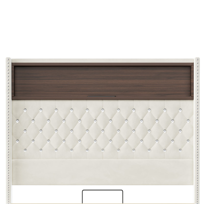 Lit tapissier avec tête de lit à oreilles capitonnée, tablette de rangement et port USB, Beige