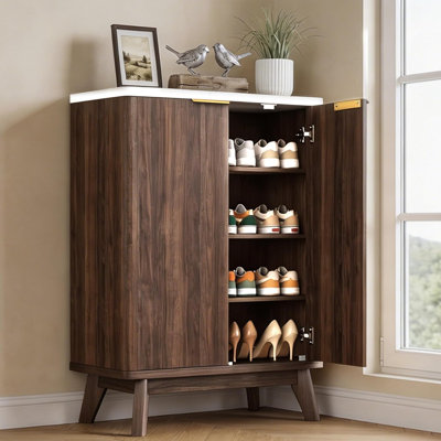 Range-chaussures avec portes et tablettes réglables, noyer | Armoire de rangement moderne en bois pour vestibule, vestibule et appartement, réduisant l'encombrement et l'accumulation de poussière