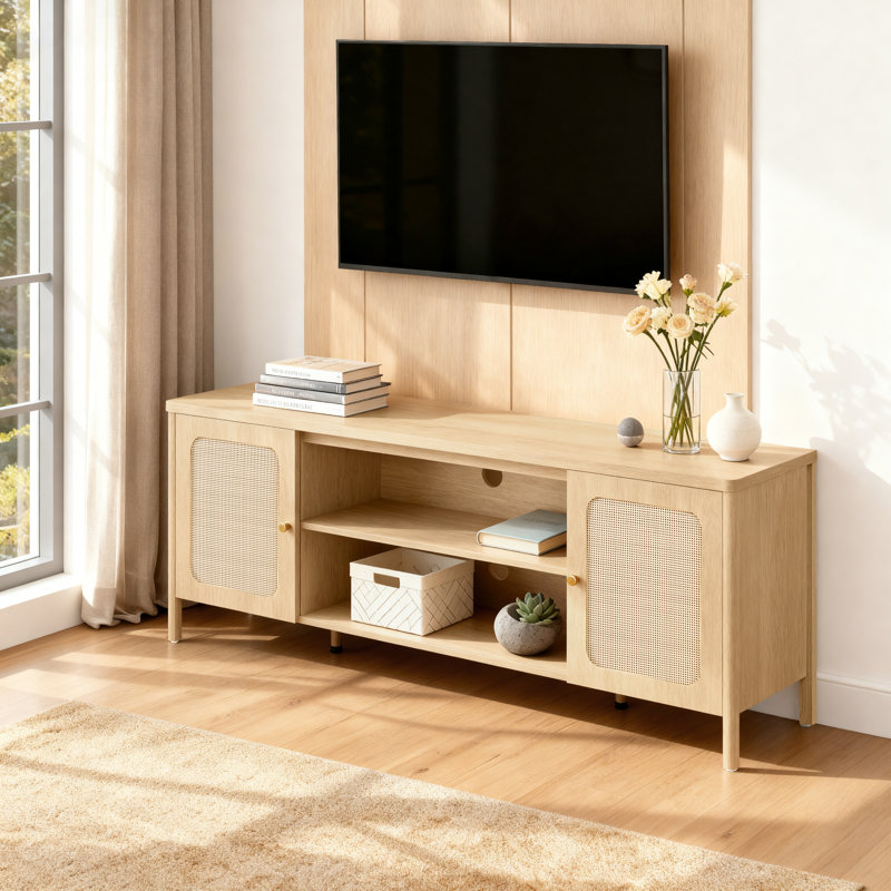  Boho TV Stand with Rattan Doors and Open Storage for  TVs up to 70" , Oak