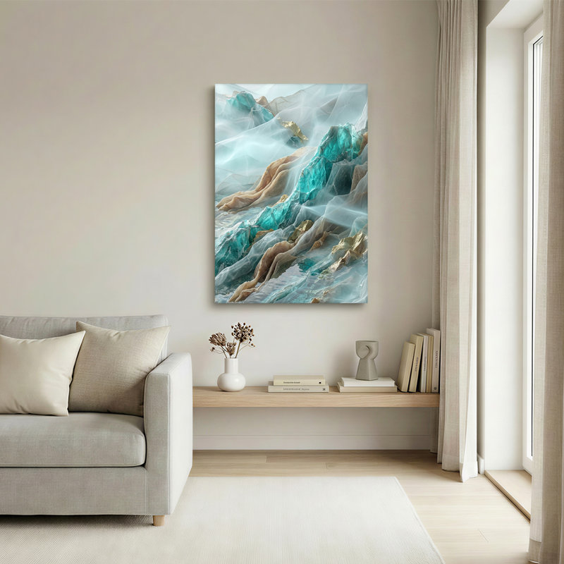 Toile abstraite turquoise et dorée, 18"H x 12"W