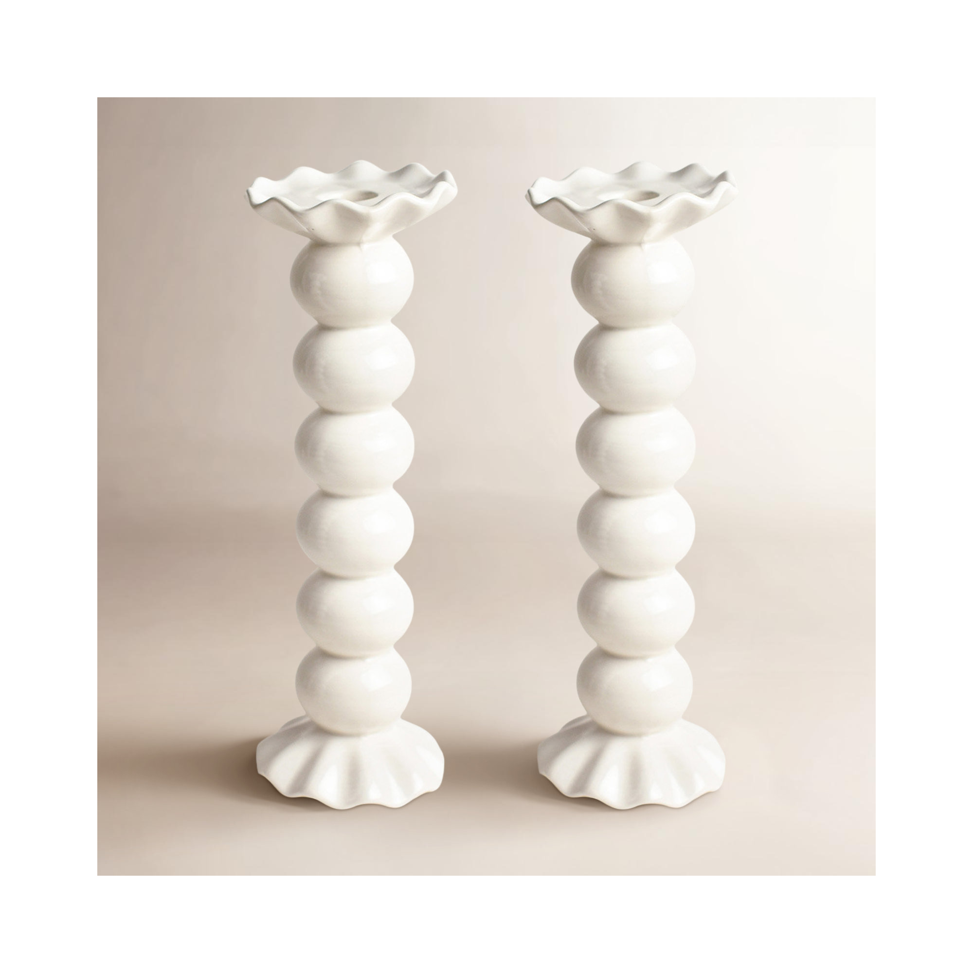 Signature White Medium Knobbed Candle Holder With Ruffle Set Of 2, 10.5" H x 4" W x 4" D