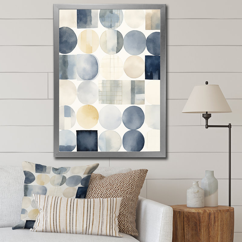 «Circle Matrix Watercolor», impression rétro sur fond bleu délavé, H 32 po x l 24 po x P 1 po, Cadre simple argenté
