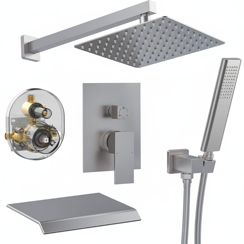 10-Inch Wall Mounted Rain Shower System with Handheld Shower Head, Waterfall Tub Spout, and Pressure Balance Valve