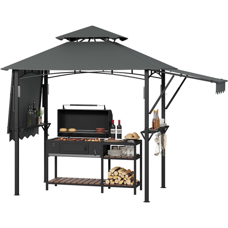 8 Ft. x 5 Ft. Grill Gazebo with Adjustable Dual Side Awnings, Double-Tier BBQ Canopy with Shelves, Hooks and Steel Frame for Backyard or Patio