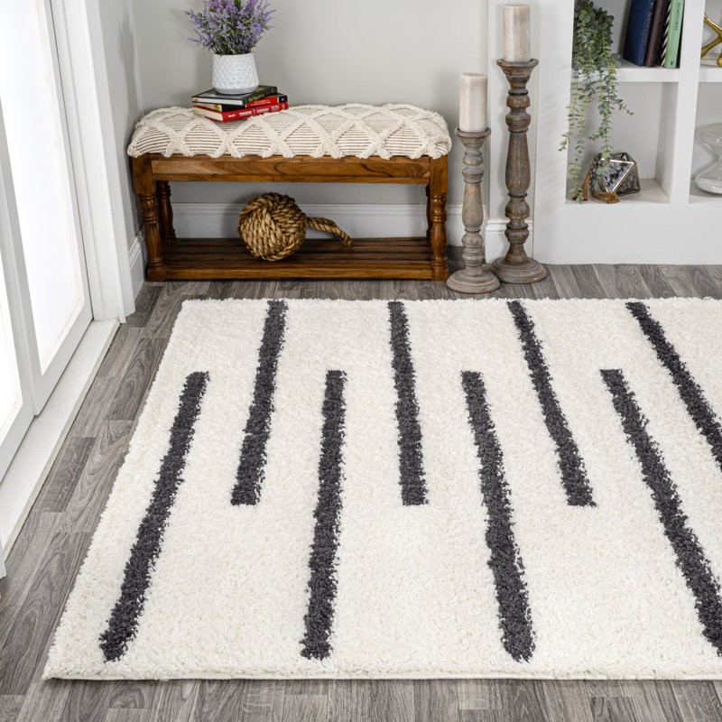Colline Berber Stripe Shag White/Gray Rug, Rectangle 7'9" x 10'