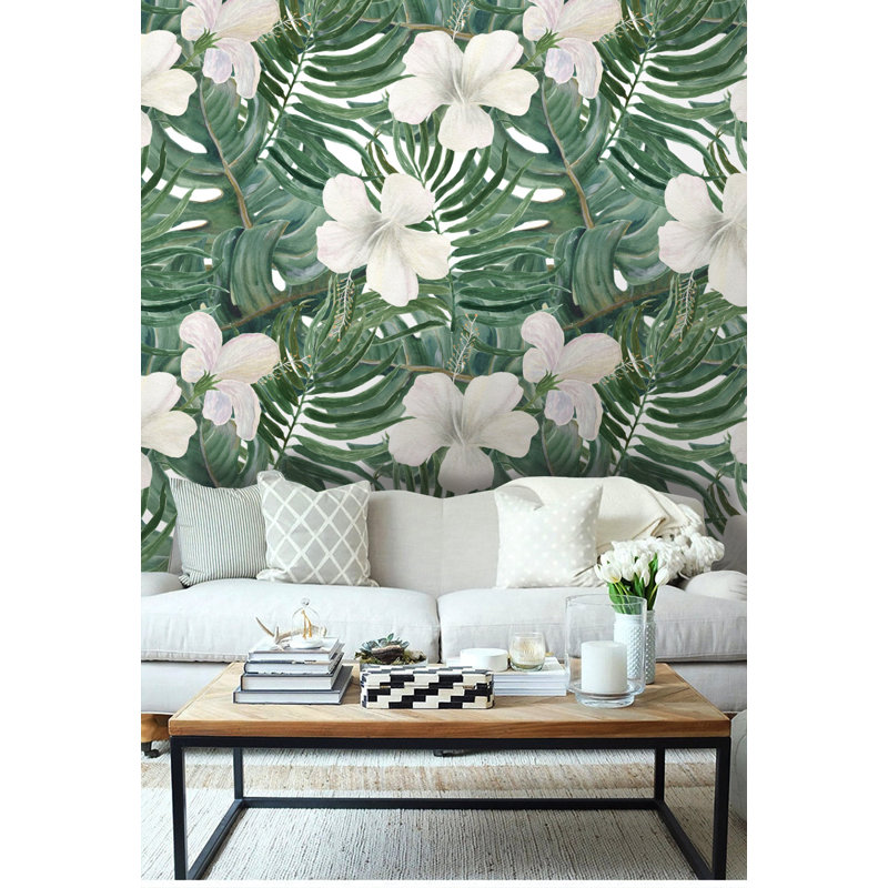 Papier peint amovible à motif de fleurs tropicales blanches Mirabilis, L 9 po x l 15 po