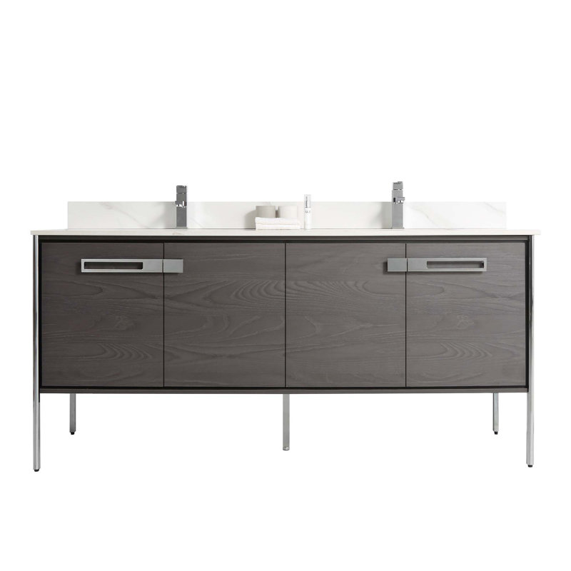 Meuble-lavabo double 72 po, Chêne noir, Chrome poli
