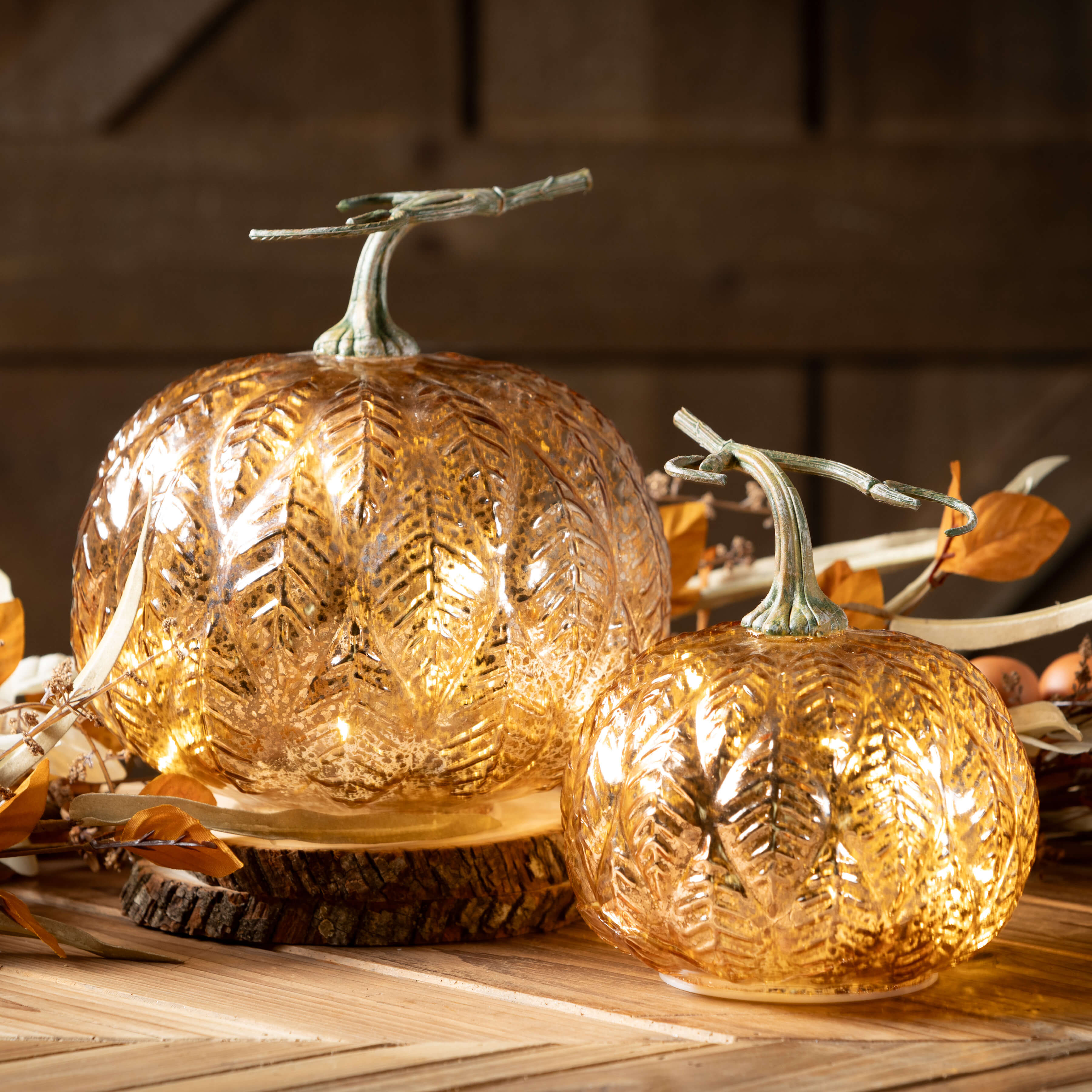 Birch Lane Sestina 6.5" & 8.5" Gold Leaf Pattern LED Pumpkin Set of 2, Gold | Wayfair