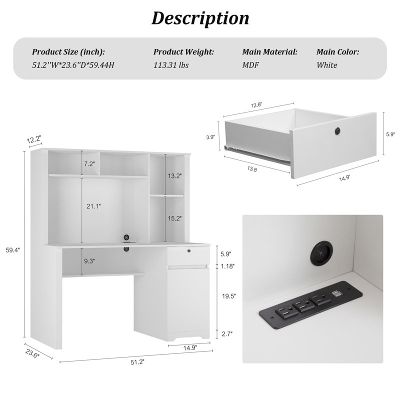Blerta Computer Desk with Power Outlet, White