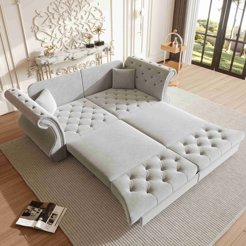 Oversized Chesterfield Pull Out Sofa Bed Classic Roll Arm Velvet Couch With Flower Tufting, 34.63" H x 83.83" W x 32.73" D, 3