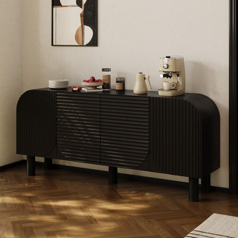 71'' Wood Fluted Sideboard 4 Door Accent Cabinet With Curved Edge, Black