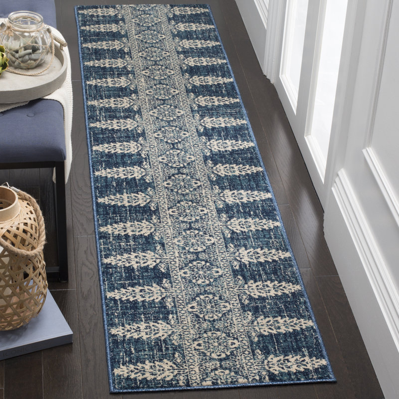 Annette Floral Royal/Ivory Area Rug, Runner 2' x 12'