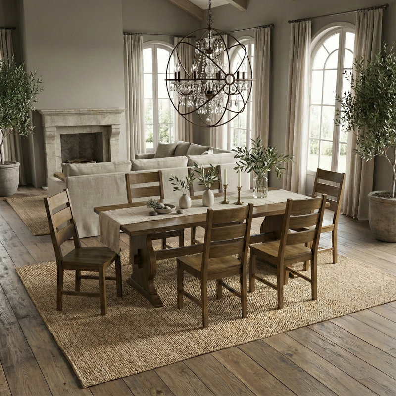 Almeda Traditional 70.8" Rectangular Dining Table Set, 7 Pieces: Table, 6 Chairs, Brown