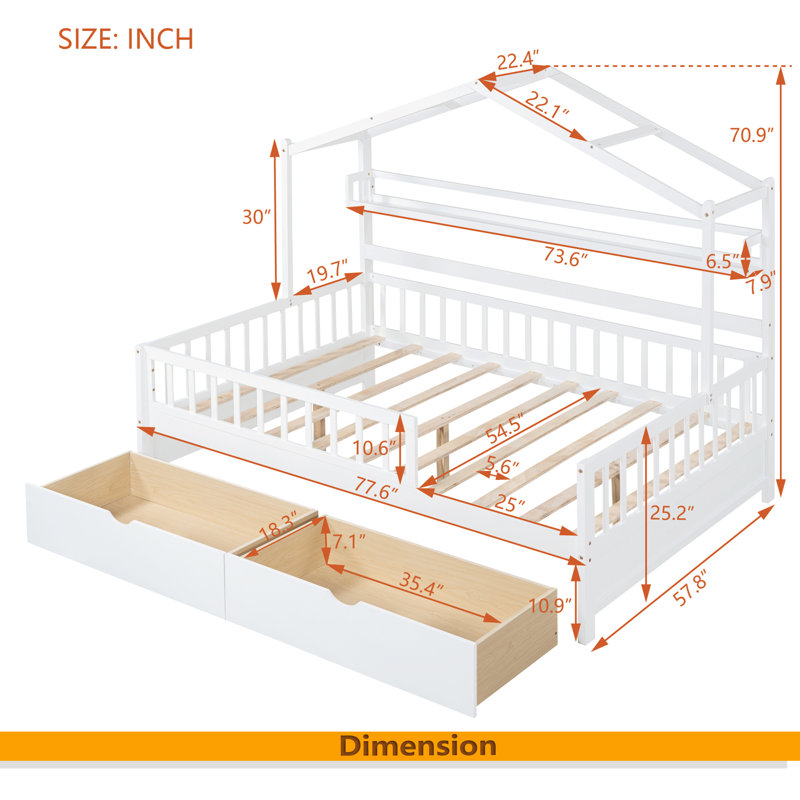 Lit en bois avec 2 tiroirs, Complet/Double