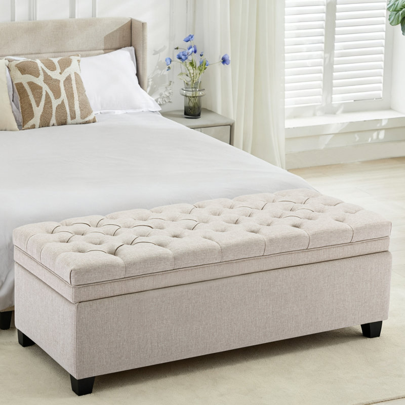 Cassina 51" Linen Upholstered  Storage Ottoman Bench , Beige Linen