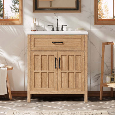 Solid Wood Frame Bathroom Vanity with Resin Sink and Storage