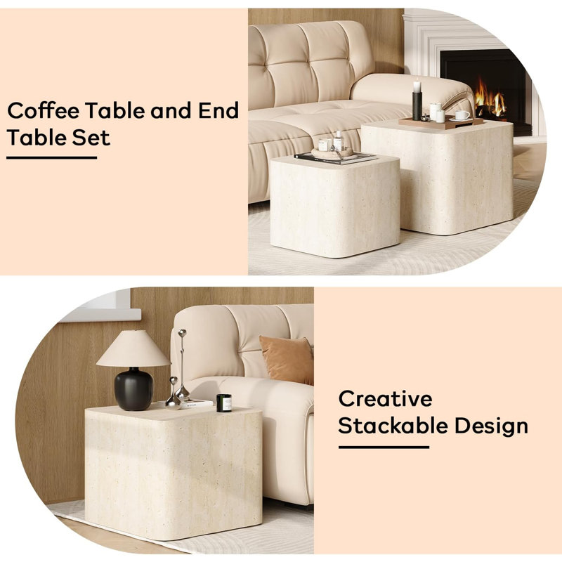 2-Piece Modern Nesting Coffee Table Set Travertine Finish, Travertine
