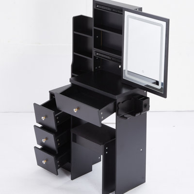 Small Size Vanity Desk With Stool - 2 Ac + Power Station, Extra Large Touch Control Led Mirror, Switching, Black , American Design Compact Left Bedside Dressing Table Seat, And , Sliding