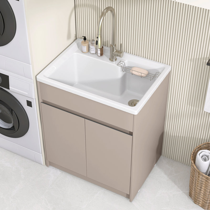 Armoire de buanderie autoportante gris clair 30 po x P 21,5 po x H 36,3 po avec lavabo intégré à surface solide, rangement à deux portes, pré-assemblé