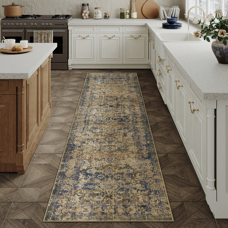 Tapis brun / bleu Velusha, Tapis de couloir 2 pi x 8 pi