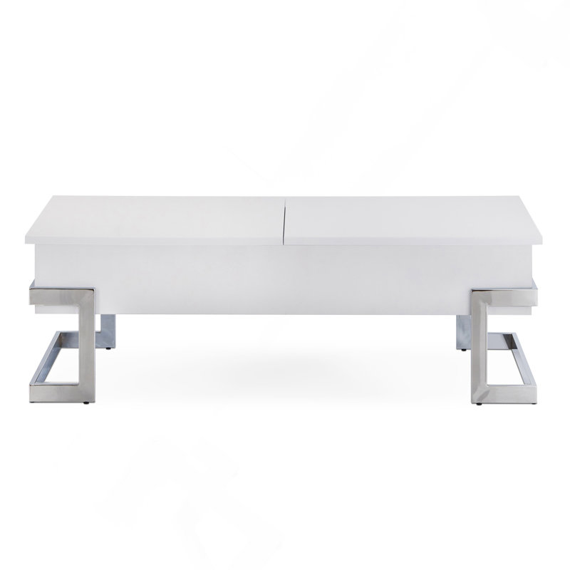 Table basse blanche ultrabrillante et chromée avec plateau relevable., Blanc