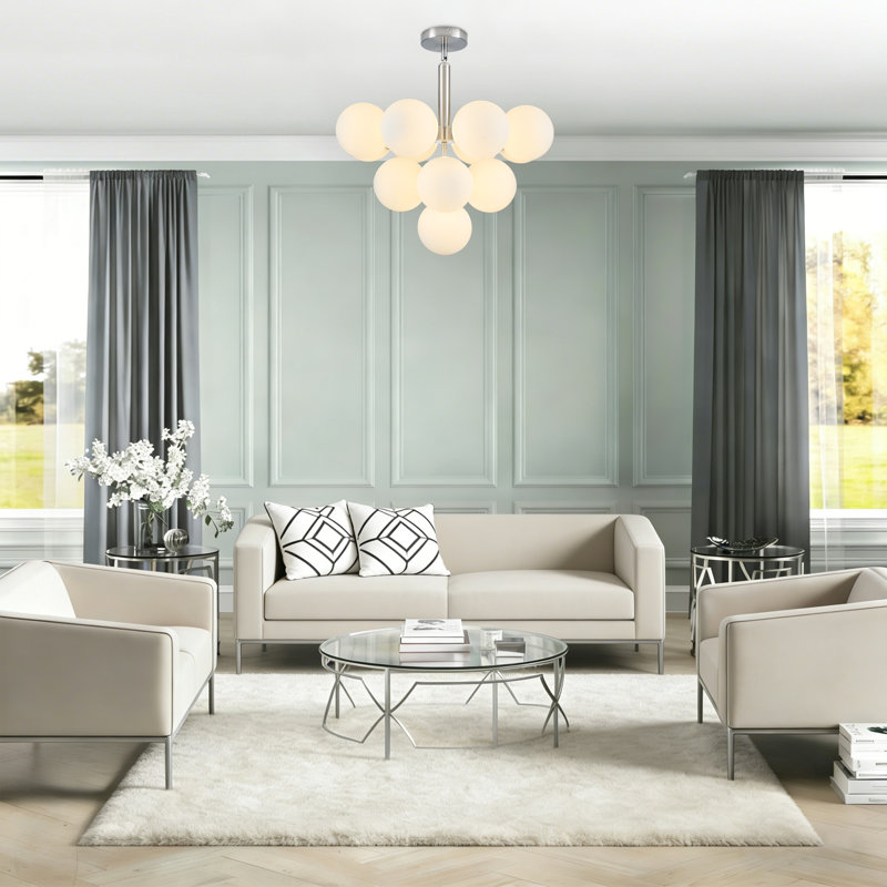 George Oliver 13-Light Dimmable Modern Nickel Atomic Tiered Cluster Chandelier, Opal Glass Globe Bubble Shade for Mid-Century Living Room