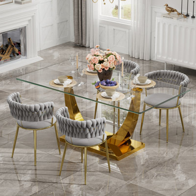 Ensemble de salle à manger à piédestal rectangulaire avec chaise de salle à manger en velours Modern Weaven