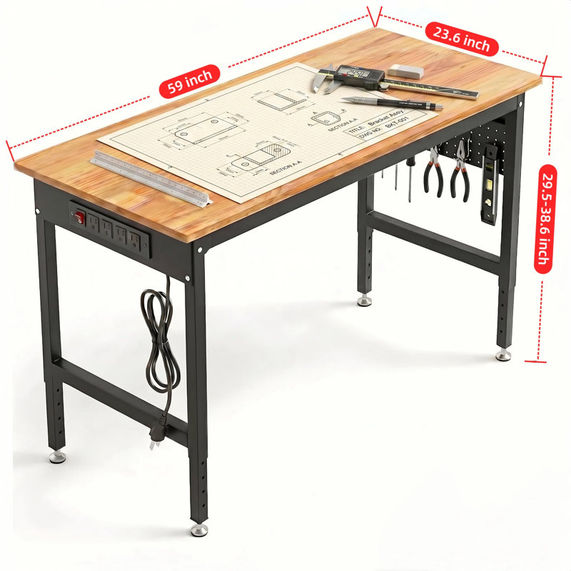Établi réglable de 59 pouces avec rangement pour garage, banc de travail robuste avec panneau perforé et prise de courant Capacité de charge de 2 000 lb pour la table de soudage en bois franc