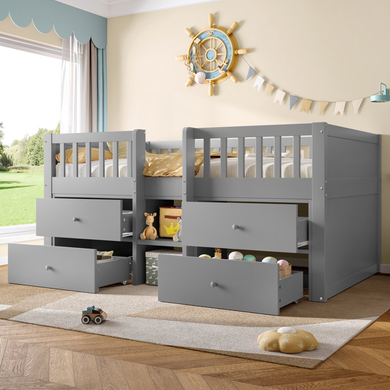 Kids Loft Bed With 4 Drawers & Stair Storage - Twin Over Full Bunk Bed With Safety Rails, Grey