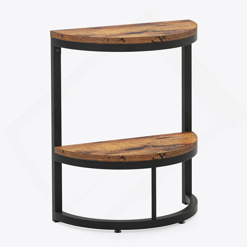 Table de bout demi-lune mince à 2 niveaux, table d'appoint en bois brun rustique avec tablette de rangement pour petits espaces et assemblage facile