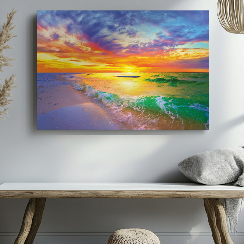 Impression sur toile colorée, coucher de soleil, océan, vagues, paysage marin, 20 x 20 in