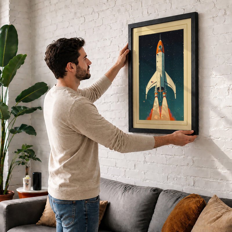Rocket Launch Retro - Framed Print, Black, A4 - 29.7 x 21.0 cm