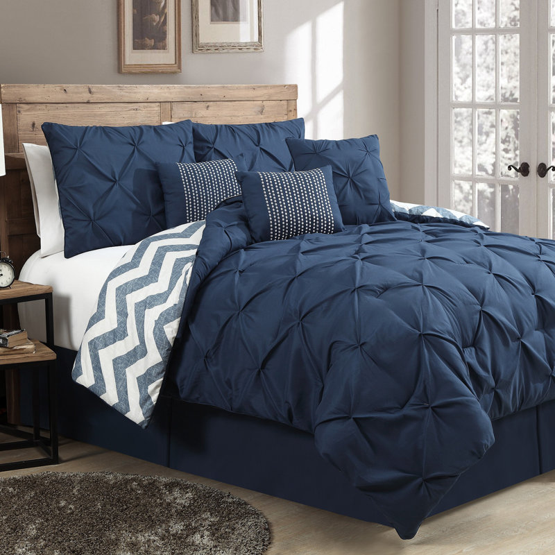 Ensemble d'édredon réversible Germain, Édredon de grande taille et 6 pièces supplément, Bleu marine