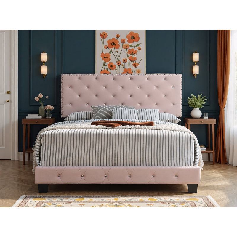 Lit double en velours rose Modena, Double, Rose