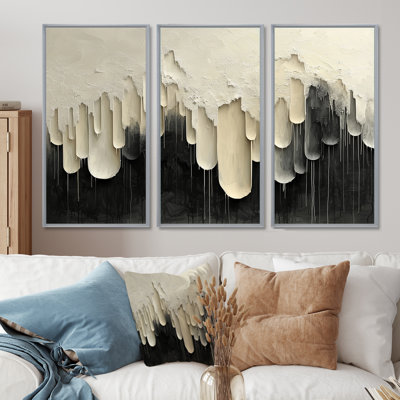 Black White Unbound Horizons Drip Painting IV - Drip Painting Wall Art For Living Room - Set Of 3