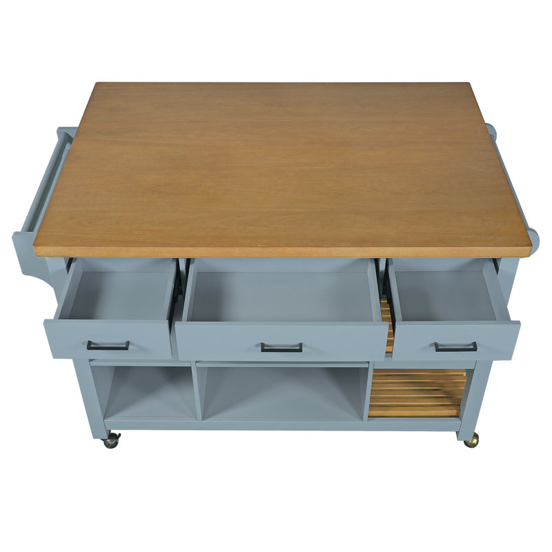 Îlot de cuisine mobile de 132 cm (52,01 po) avec placards et tiroirs de rangement, grand chariot de cuisine roulant avec étagères ouvertes et porte-serviettes