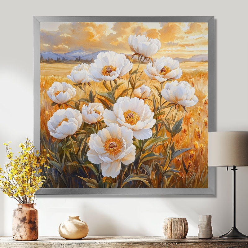 Pivoines dans un champ d'automne chaud II - pivoines, art mural large, H 30 po x l 30 po, Reproduction encadrée