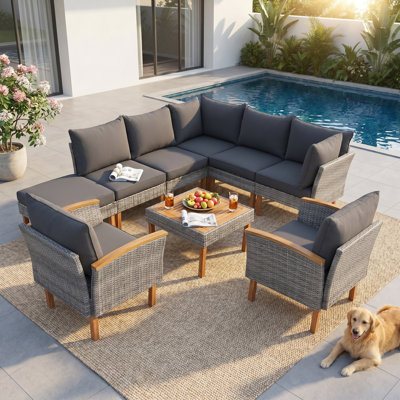 9-Piece PE Wicker Patio Conversation Set, Modular Outdoor Sectional Sofa with Removable Cushions for Backyard, Poolside, Balcony