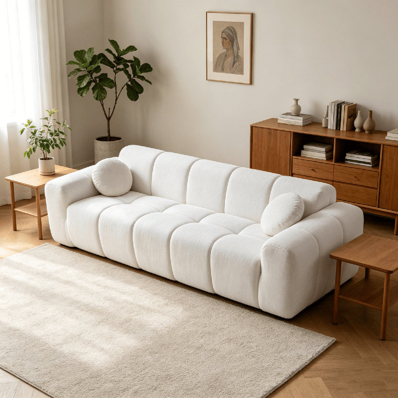 Canapé 98,4 po en velours côtelé 4 places de style cube, en mousse moulée par compression, Blanc