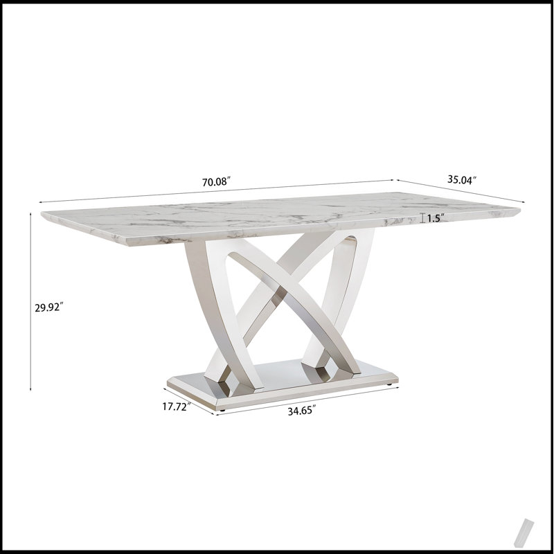 Élégante table de salle à manger rectangulaire en faux marbre 70 po avec base en acier inoxydable à finition miroir, parfaite pour une salle à manger moderne et élégante