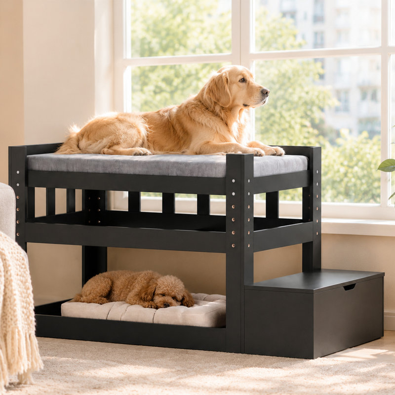 Lit superposé ajustable avec escalier et rangement, lit de chevet en bois à 2 niveaux pour chiens de grande taille et de très grande taille
