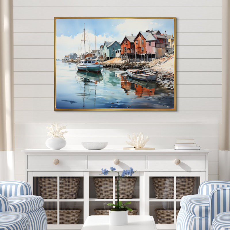 Port Harbor Reflections III, H 24 po x l 32 po, Cadre flottant doré