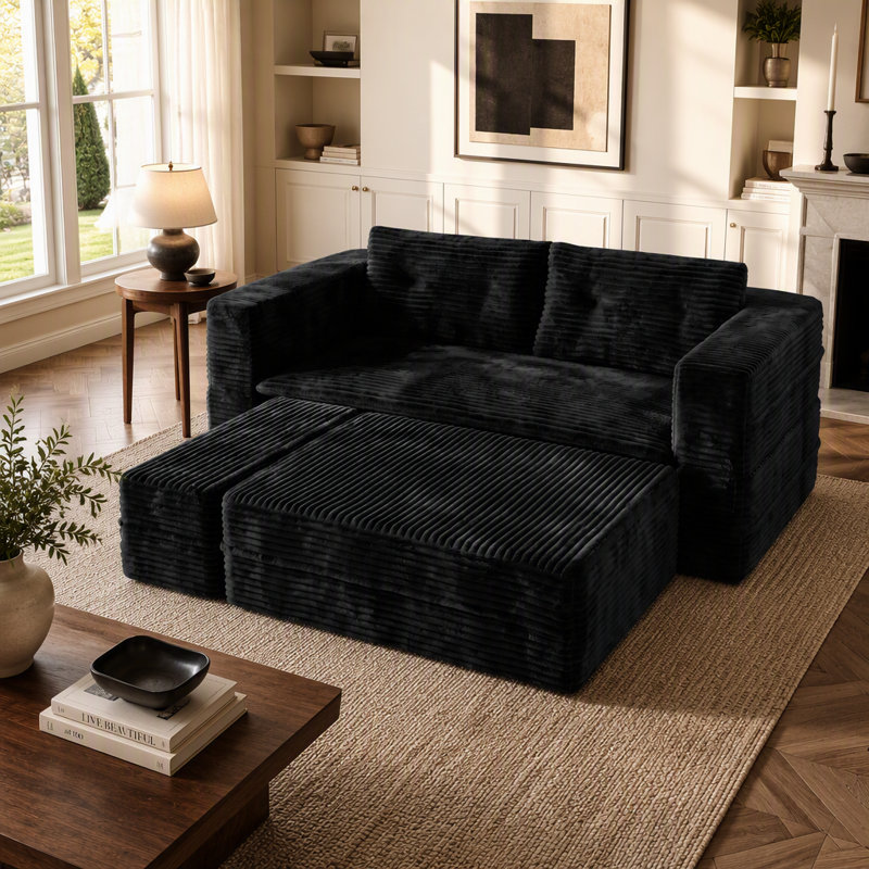 Canapé-lit King Size de 80 pouces, canapé profond en velours côtelé moelleux avec méridienne indépendante et couverture fonctionnelle, méridienne surdimensionnée convertible, noir