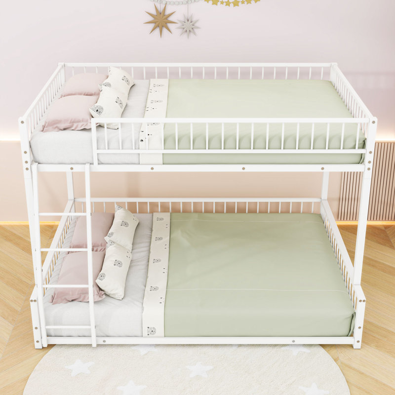 Metal Bunk Bed With Ladder And Guardrails, White, Full XL over Queen