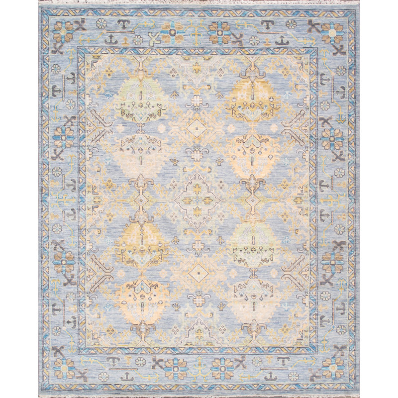 Hand-Knotted Light Blue Wool Floral Rectangular Rug