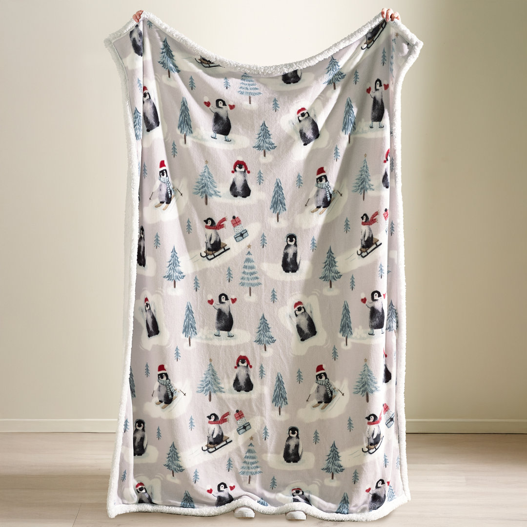 Catherine Lansfield Red/Green Christmas Sherpa Penguins Throw 130X170cm - Natural - Image 7