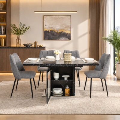 Modern Extendable Rectangle Dining Table With Storage Cabinet Base