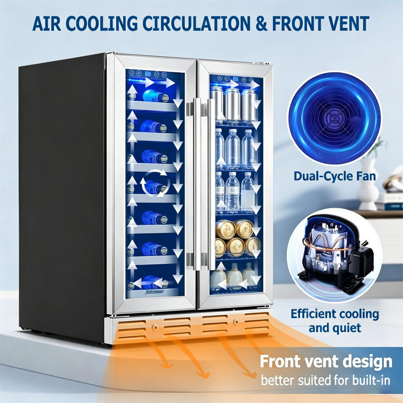 Kalamera 23.4" Dual Zone Wine & Beverage Cooler, 20 Bottle 78 Can Built-in Freestanding Fridge, Stainless Steel Double Glass Removable Wine Racks Touch Control Safety Lock